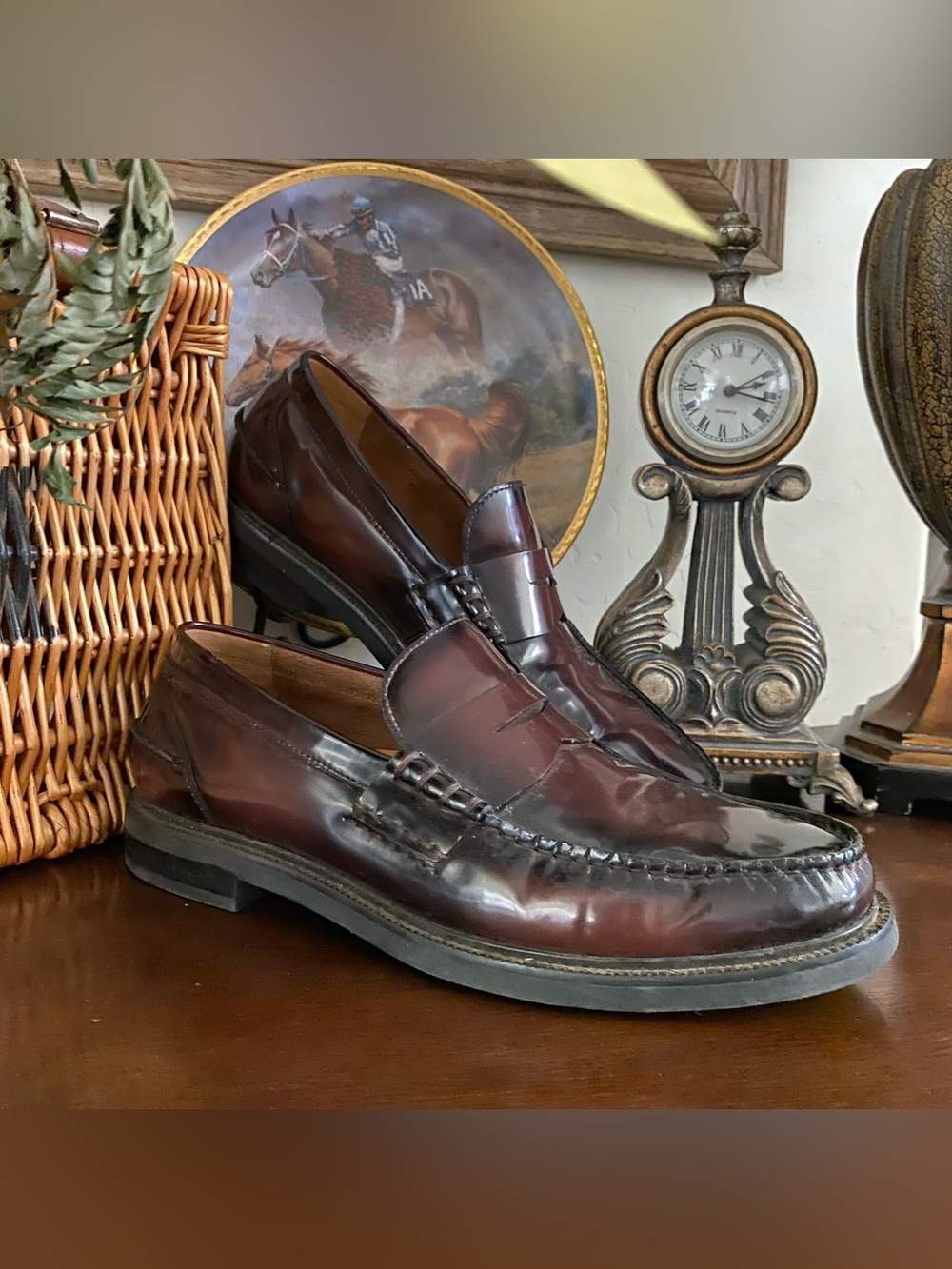 Cole Haan Men’s 9 Classic Burgundy Penny Loafers Hand-Antiqued Brushoff Leather